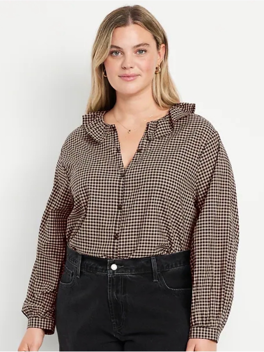 Old Navy Brown and Black Check Ruffle Collar Button-Down Shirt